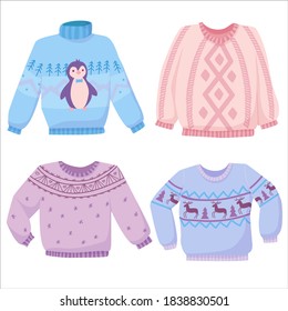 conjunto de cuatro prendas de vestir de invierno de color pastel con patrones, sudaderas ropas de invierno cálidas dibujadas al estilo de las caricaturas, pullovers de punto ilustraciones vectoriales aisladas sobre un fondo blanco