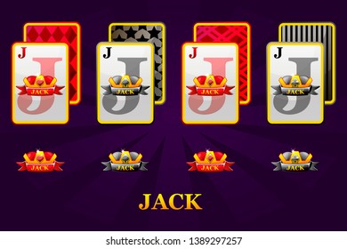 Set of four Jacks playing cards suits for poker and casino. Set of hearts, spades, clubs and diamonds Jack.