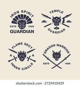 Set of four Japanese inspired warrior badges: oni mask, dragon, guardian lion and flame demon. Monochrome vector logo collection for branding, apparel and labels.