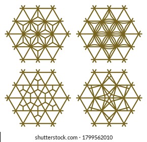 Set of four Japanese Kumiko patterns in hexagon.Brown color lines.