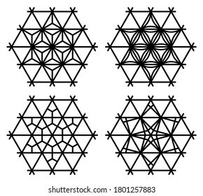 Set of four Japanese Kumiko patterns in hexagon.Black color lines.