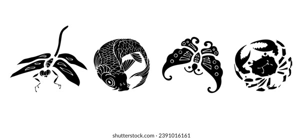 Set of four japanese patterns. Graphic drawing. Vector illustration.