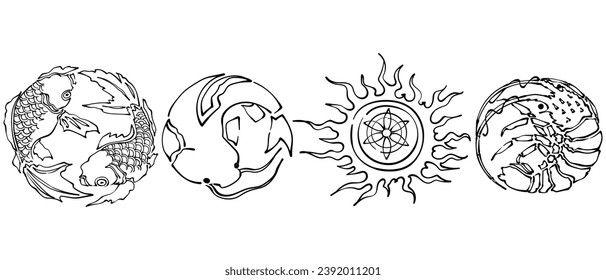 Set of four japanese patterns. Graphic drawing. Vector illustration.