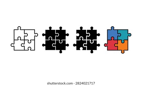 Set of four jigsaw puzzle icons featuring outline solid and colorful vector designs