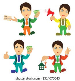 Set of four joyful different men in various situations, conceptual cartoon vector illustration for advertising