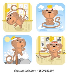 Set of four karate monkeys kicking and meditating (vector illustration in kawaii style)