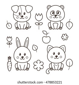 Set of four kawaii animals: cat, dog, panda, rabbit and decorative elementa for design