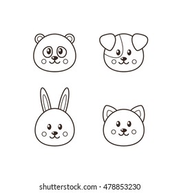 Set of four kawaii animals: cat, dog, panda, rabbit 