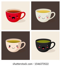 Set of four kawaii colorful cups with different types of tea: black, green, herbal, matcha tea.