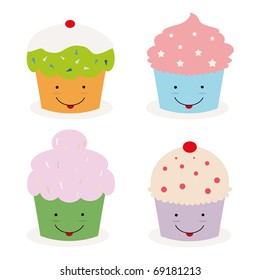 set of four kawaii cupcakes