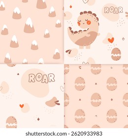 A set of four kawaii kids seamless patterns drawn in neutral pastel bohemian colors featuring dinosaurs, mountains with snow peaks, hearts, monster eggs and color spots.