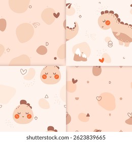 A set of four kawaii kids seamless patterns drawn in neutral pastel bohemian colors featuring dinosaurs, hearts, and color spots.