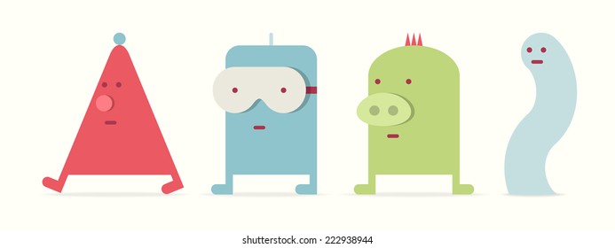 Set of four kawaii monsters, flat style, vector cartoon illustration