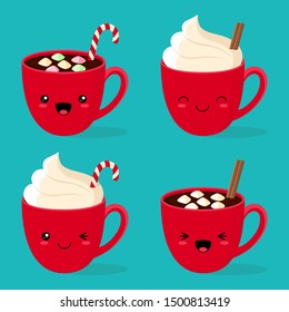 Set of four kawaii red cups with hot chocolate or coffee