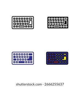A set of four keyboard icons designed in distinct vector styles. Perfect for stock asset bundles, web applications, and educational content related to computing and hardware.