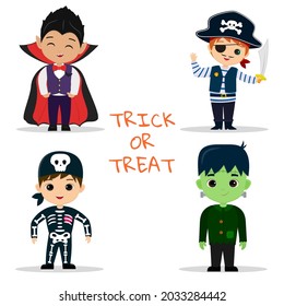 Juego de cuatro personajes de la fiesta de Halloween para niños. Niños con coloridos disfraces de Halloween vampiro, pirata, esqueleto, monstruo frankenstein al estilo de las caricaturas. Vector plano