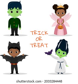 Set of four kids Halloween party characters. Children in colorful Halloween costumes monster, fairy princess, bat, monster girlfriend in cartoon style. Flat vector