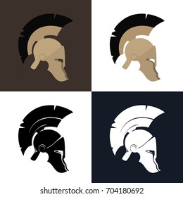 Set of Four Kind Antiques Greek Helmet, Color and Silhouette Roman Helmet for Head Protection Warrior with a Crest of Feathers or Horsehair with Slits for the Eyes and Mouth, Vector Illustration 