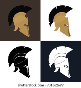 Set of Four Kind Antiques Roman Helmet, Color and Silhouette Greek Helmet for Head Protection Soldiers with a Crest of Feathers or Horsehair with Slits for the Eyes and Mouth, Vector Illustration