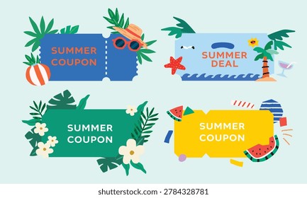 A set of four kitschy and naive art collage style summer coupon graphic templates in a bold and playful seasonal composition.