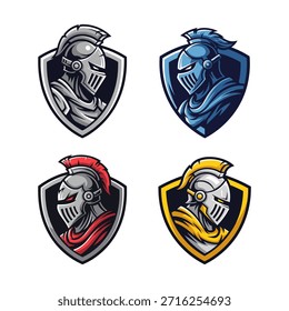 Conjunto de cuatro logotipos de escudo de casco de caballero en diferentes variaciones de color. Diseño moderno del emblema del Vector plano conveniente para los Equipos de los deportes electrónicos, los logotipos del juego, las mascotas, la marca de los deportes, la seguridad, y los temas medievales de la fantasía. Líneas limpias y Formas en negrita sobre fondo blanco.