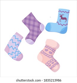 set of four Knitted children's socks in pastel color with patterns, warm winter clothes drawn in cartoon style, knitted clothes, socks vector illustration isolated on white background