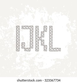 Set of four knitted, embroidered or macrame capital letters of the Latin alphabet. I, J, K and L.