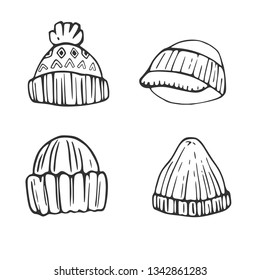 Set of four knitted: hat with pompon and geometric pattern, hat with a visor, caps with lapel. Linear sketch by hand. Vector illustration for design, coloring book, prints.
