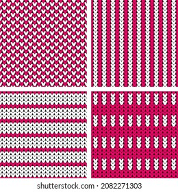 Set of four knitted vector patterns. Seamless backgrounds with imitation knitting. A collection of designs in white and pink. 