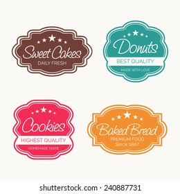 Set Of Four Label For Sweet Cakes, Donuts, Cookies And Baked Bread On White Background.