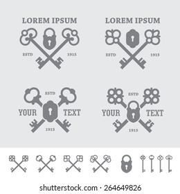 Set of four labels with crossed retro keys, lock and keyhole