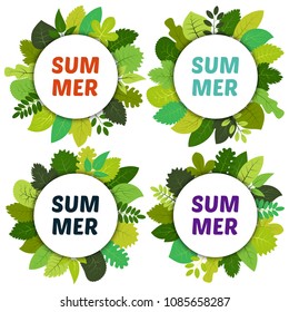 Set of four labels with green summer leaves under white rounds and inscription summer. Vector card with green leaves isolated on white background
