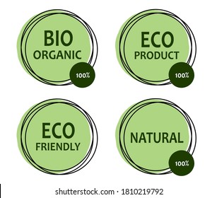Set of four labels with the inscription. Collection vector flat illustration. Green eco food badges. 100% eco product, bio organic, eco-friendly, 100% natural isolated on white background.