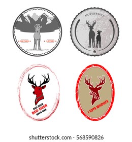 A set of four labels. in the middle of a deer head with antlers. mom and baby. two red heads.
totally vector illustration.