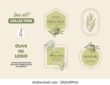 Set with four labels, stamps, tags for olive oil, soap, cosmetics, spa salon. Minimal linear style. Vector illustration