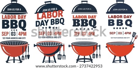 Set of four Labor Day BBQ invitation templates with grill icons, stars, date and time, and space for address, ready for customization.