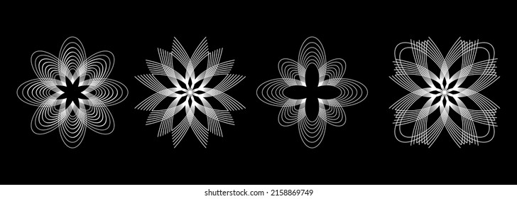 Set of four lace flowers. Vector art design. Flowers created from the lines, looking like lace. 
