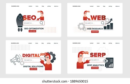 Set of four landing pages. Digital marketing abstract concept design. SEO, web, digital, and SERP words. Modern online flat vector design. Web icons for websites.