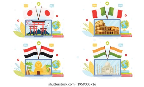 Set of four language center concepts. Online museum concepts. Flat design, vector illustration. 