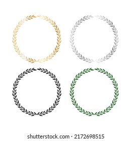 Cuatro coronas de laurel en forma de semicircular. Hojas y ramas en negro, oro, plata y verde.  Ilustración vectorial para el diseño.