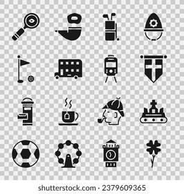 Set Four leaf clover, British crown, England flag on pennant, Golf bag with clubs, Double decker bus, Magnifying glass and Tram railway icon. Vector