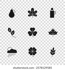 Set Four leaf clover, Canadian maple, Leaf, Clover, Thermos container, Pear, Chestnut and  icon. Vector