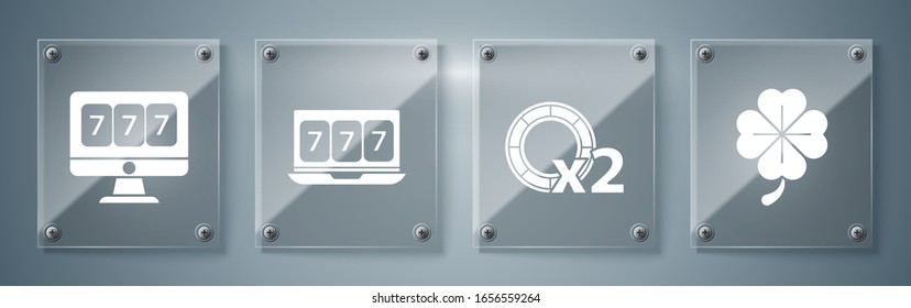 Set Four leaf clover, Casino chips, Online slot machine with lucky sevens jackpot and Online slot machine with lucky sevens jackpot. Square glass panels. Vector