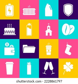 Set Four leaf clover, Christmas sock, Coffee beans, Household chemicals bottle, Sport with water and Cake burning candles icon. Vector
