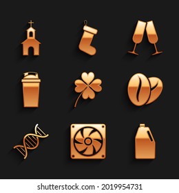 Set Four leaf clover, Computer cooler, Household chemicals bottle, Coffee beans, DNA symbol and Fitness shaker icon. Vector