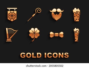 Set Four leaf clover, Glass of beer, Bow tie, Harp, Mustache and beard, Street signboard with four and Walking stick icon. Vector