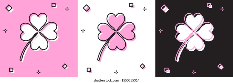 Set Four leaf clover icon isolated on pink and white, black background. Happy Saint Patrick day.  Vector Illustration