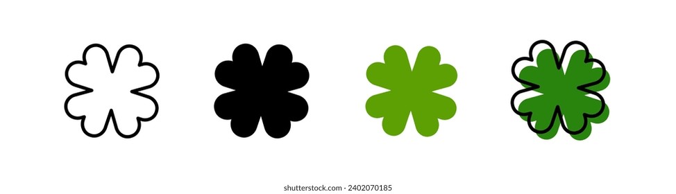 Set mit vierblättrigem Kleeblatt-Symbol. St Patrick's Day, Vektorgrafik auf weißem, isoliertem Hintergrund. Blumenform. Linie, Glyphe, grüne Farbe.	