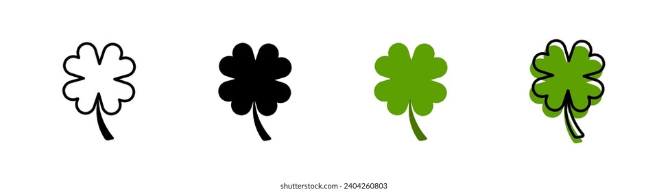 Set of Four leaf clover icon. St Patrick's Day vector illustration on white isolated background. Flower shape. line, glyph, green color.	