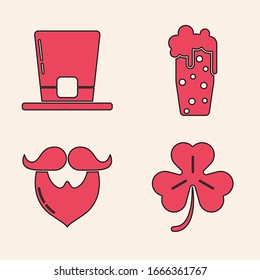 Set Four leaf clover, Leprechaun hat, Glass of beer and Mustache and beard icon. Vector